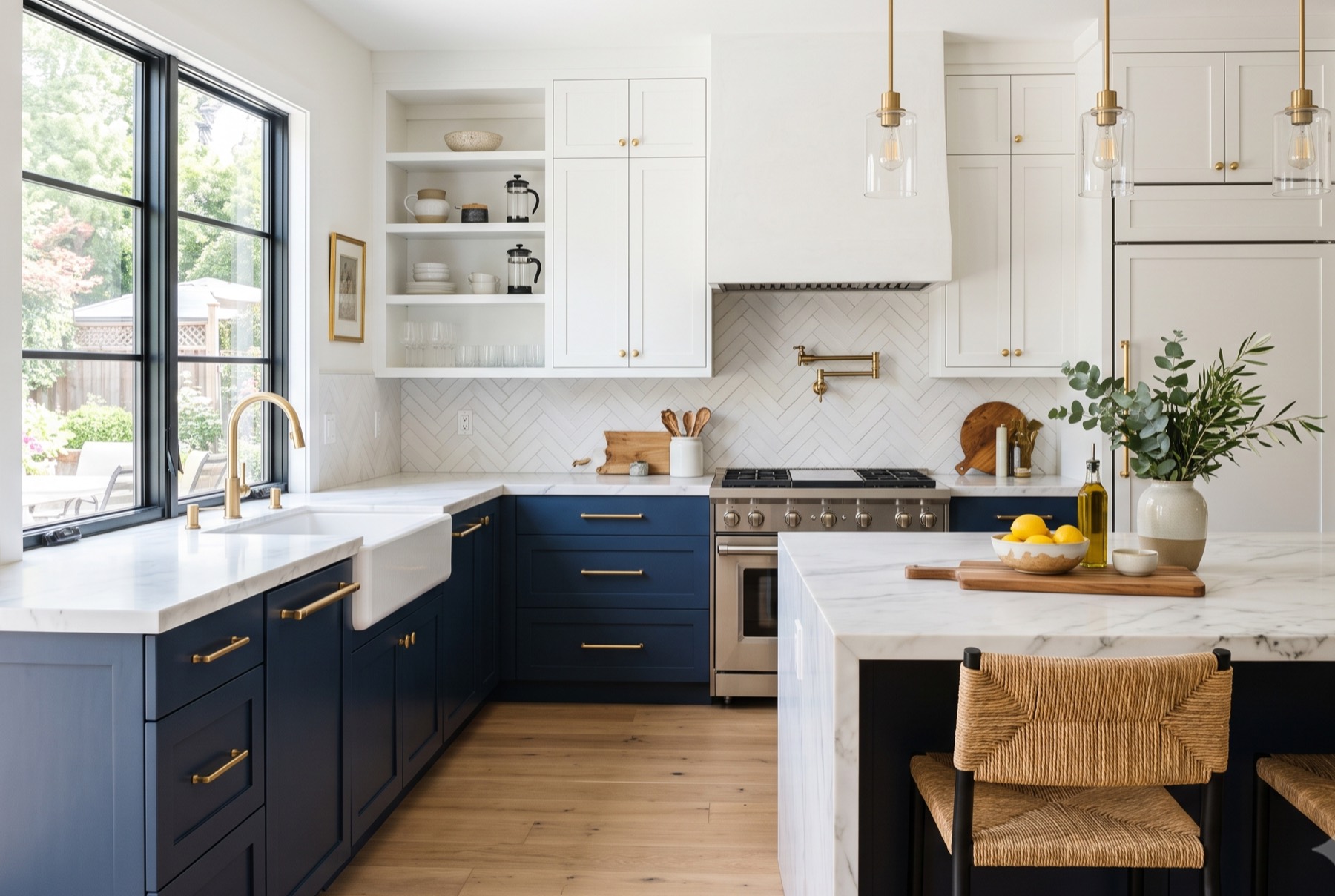 Navy blue refinished kitchen cabinets with brass hardware