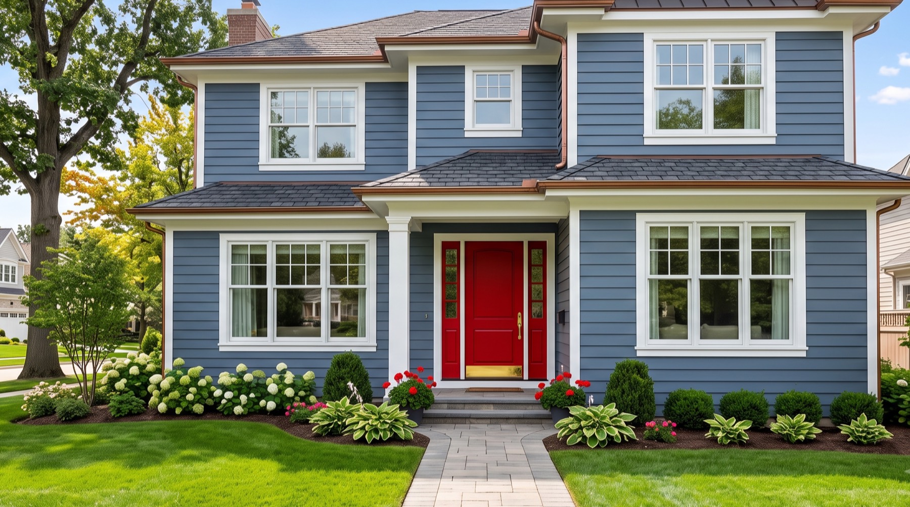 Two-story home with freshly painted blue siding, white trim, and a red front door