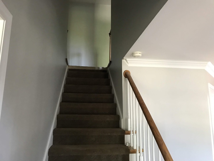 Freshly painted stairwell leading to the second floor