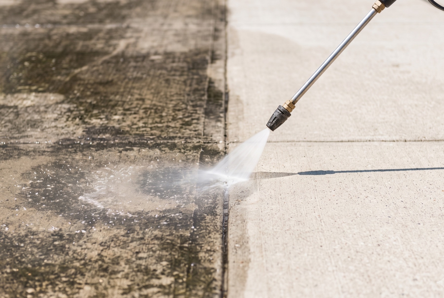 Power washing a concrete driveway, removing dirt and algae